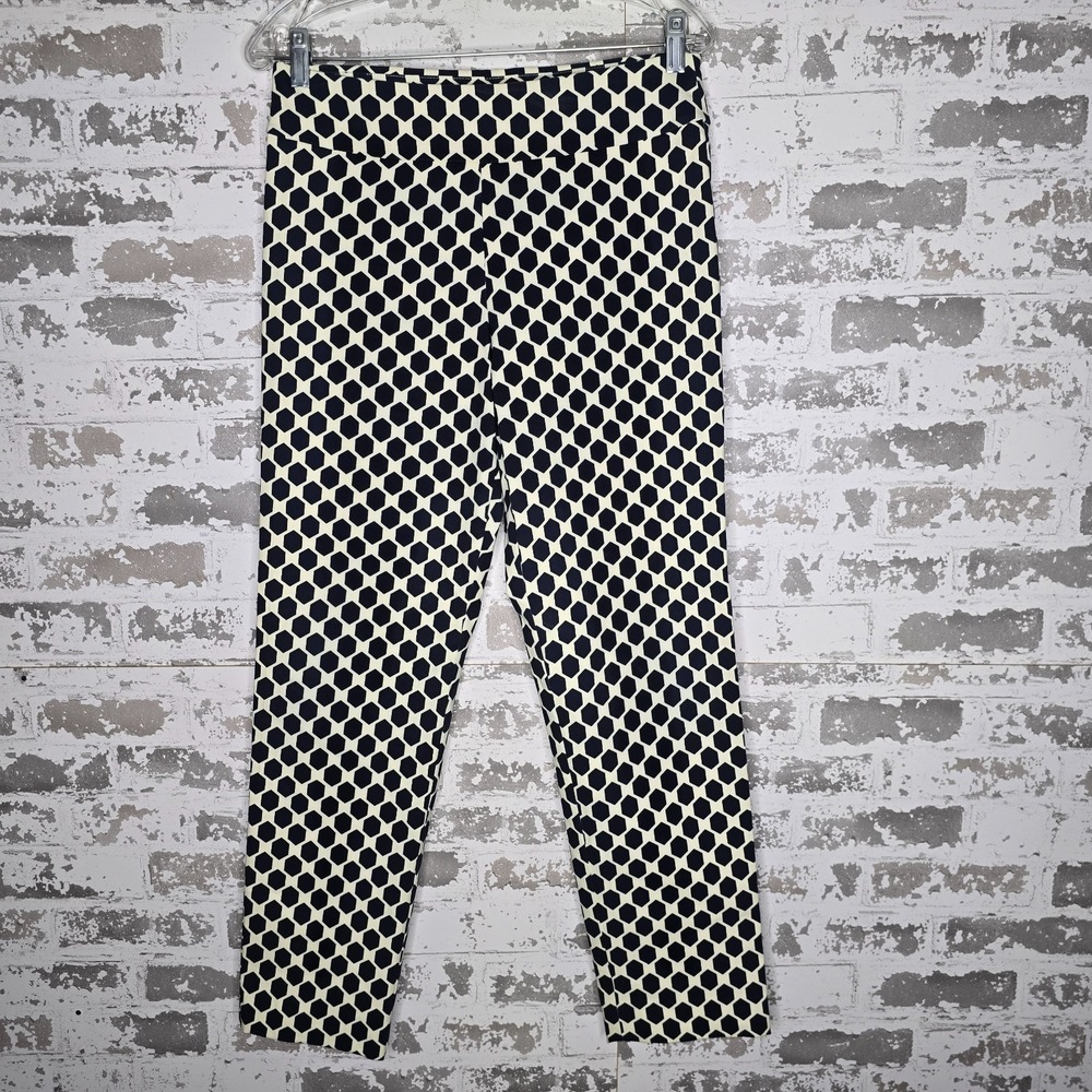 Krazy Larry Pants Womens 8 Blue White Geometric Hexagon Pull-On Stretch Ankle
